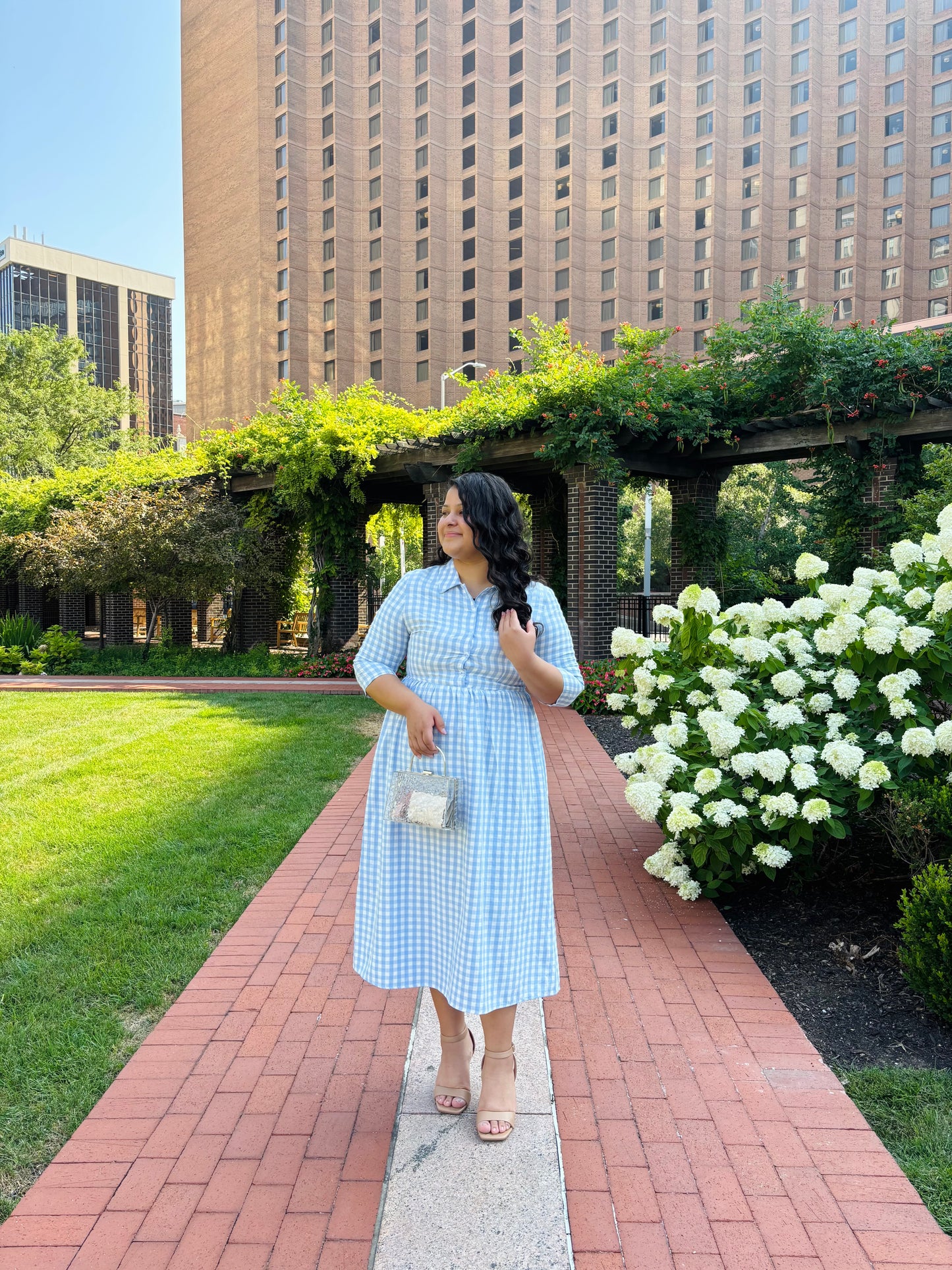 Gingham Print Button Down Midi Dress